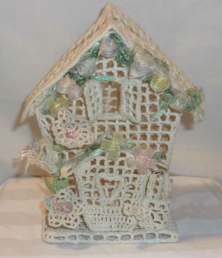Vintage Hand Made Crocheted House Ornament Figurine With Flower & Watering Can