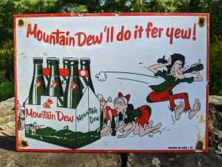 Old Vintage 1961 Mountain Dew Soda Porcelain Sign Hillbilly Beverage