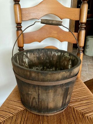 Primitive Tongue And Groove? Wooden Bucket - Wire Bail W/ Old White Paint