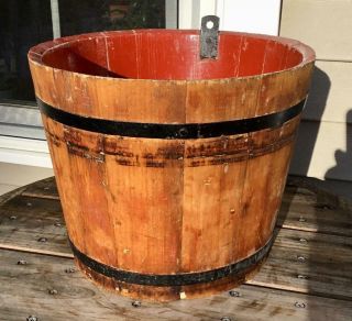 Vintage Wooden Painted Red Staved Sap Bucket Primitive Country Decor 2 Straps