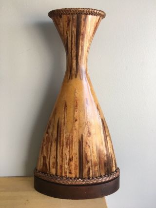 Vintage Palecek Large 22” Wood Resin Mid Century Brutalist Vase Woven Rattan