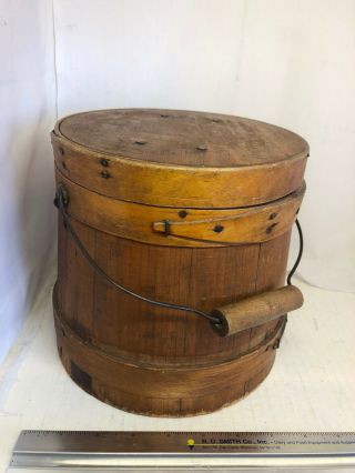 Mid 19th Century American Firkin Staved Wood Sugar Bucket With Lid And Wire Hand