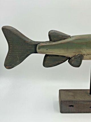 Primitive Northern Pike Fish Folk Art Wood Carving Signed Sculpture 2