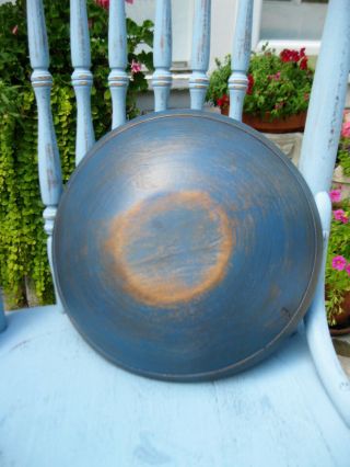 Primitive Antique Wood Dough Bowl W Rim Cupboard Blue Paint 10 - 3/4 "