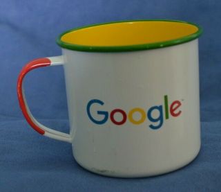 Google Logo White Tin Coffee Cup Mug Yellow Green Metal Advertising