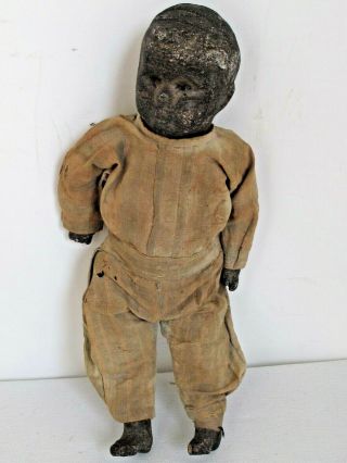 Antique Folk Art Doll Early Clothes,  Ticking And Straw Stuffed Body
