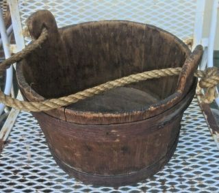 Antique Staved Wooden Well Water Bucket Finger Lapped Bands Aafa