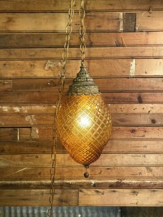 Vintage Amber Glass Mid Century Hanging Ceiling Light With Diffuser Swag Lamp
