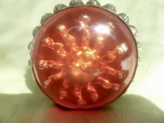 Vintage Small Ornate Silver Metal Trinket Pill Box Glass Sunburst Dome India