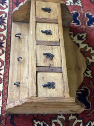 Rustic Hand - Made Wooden Wall Hanging Shelf W/ Iron Hooks & 4 Drawers