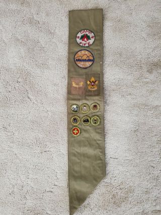 Vintage Boy Scout Merit Badge Sash 1946 1947 Camp Fife Patches,  Rank Patches
