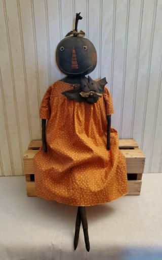 Primitive Grungy Black Pumpkin Lady Halloween Doll & Her Spooky Bat