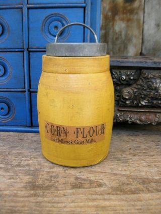 Early Antique Crock Mustard Milk Paint Corn Flour Label Tin Lid