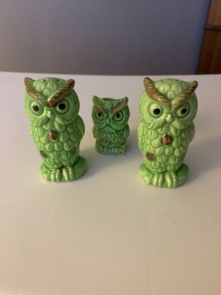 Vintage Green Owl Salt And Pepper Shakers Toothpick Holder Set Ceramic