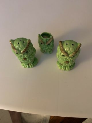 Vintage Green Owl Salt And Pepper Shakers Toothpick Holder Set Ceramic 2