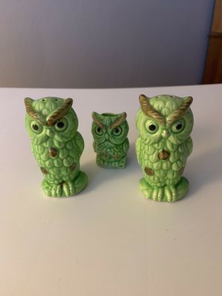 Vintage Green Owl Salt And Pepper Shakers Toothpick Holder Set Ceramic 3