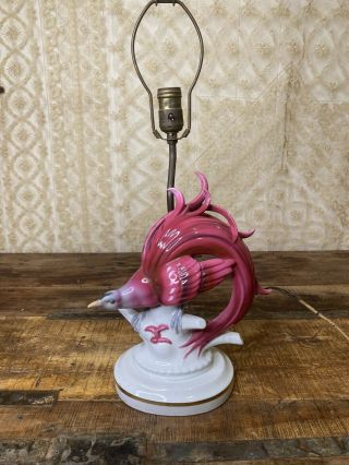 Vintage Antique Pink Porcelain Table Lamp Bird Of Paradise Mid Century Modern