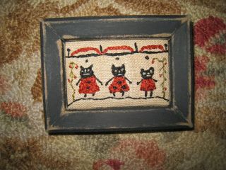 Primitive Tiny Sampler The 3 Black Cats Halloween Folk Art Old Textile