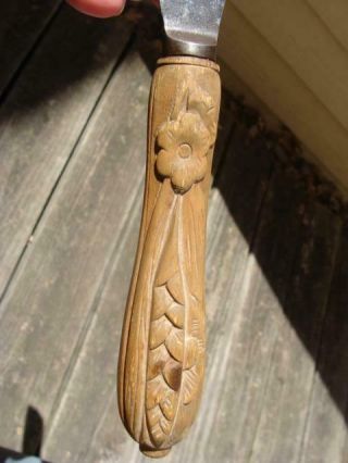 Antique Wood Carved Bread Board Knife Wheat With Flower