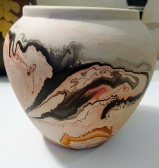 Nemadji Pottery: 4 " Jar,  Black/pink/orange