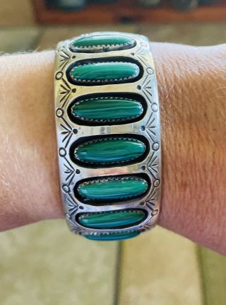 Large Vintage Navajo Malachite Sterling Cuff Bracelet - Very Heavy - Signed