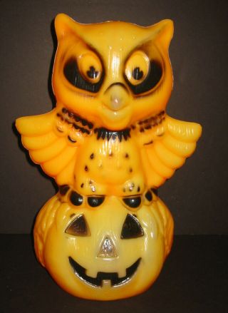Old 1960s Halloween Blow Mold Owl On Pumpkin Light Vintage Plastic