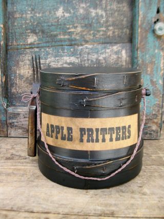 Vintage Wood Sugar Bucket Firkin Black Milk Paint 3 Tine Fork Apple Fritters