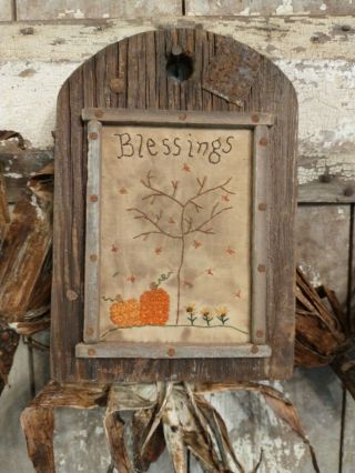 Early Inspired Primitive Handstitched Sampler Blessings Tree Sunflowers Pumpkin