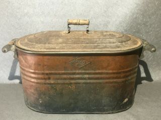 Vintage Nesco Copper Metal Boiler Pot Pan With Lid And Round Wooden Handles
