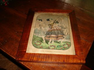 AN EARLY CURRIER & IVES PRINT,  3 DANCING LADIES,  TIGER MAPLE FRAME 3
