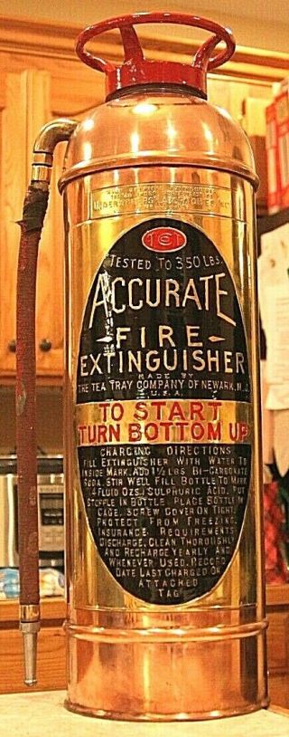 Rare Antique Vintage " Accurate " Copper Brass Fire Extinguisher - Polished Restored