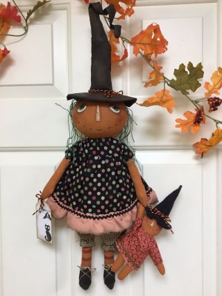 Primitive Folkart Halloween Pumpkin Witch Doll With Her Dolly