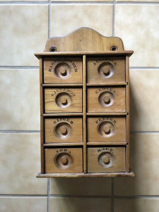 Primitive Antique Wooden Spice Cabinet Hanging Case C1900 Kitchen Herbs 8 Drawer