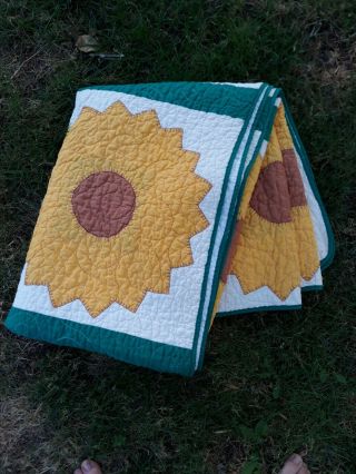 Handmade Sunflower Quilt,  Vintage Machine Sewn Yellow Twin Blanket Picnic Summer