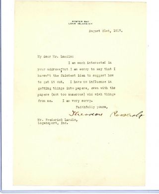 Theodore Roosevelt Typed Signed Letter 1917 Autographed