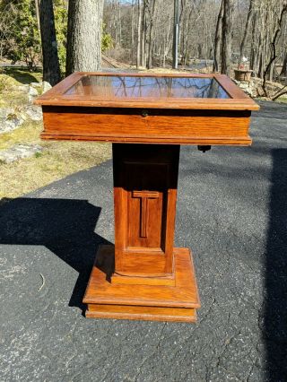 Vintage Church Podium Lectern Golden Oak Wood Display Case Cabinet