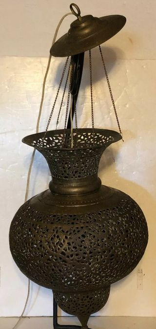 Large Antique Vintage Pierced Solid Brass Middle Eastern Hanging Fairy Lamp