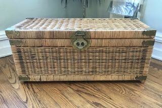 Vintage Chinese Asian Wicker Rattan Chest.  Stamped Brass Hardware.