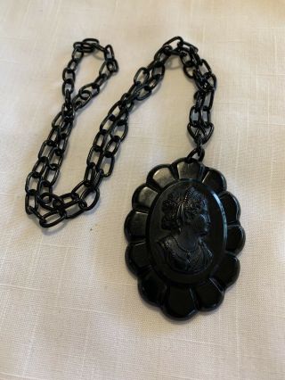Vtg Victorian Black Celluloid Mourning Cameo Pendant Chain Necklace Bakelite Era