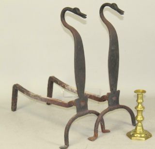 Best 18th C American Hand Forged Goose Neck Top Wrought Iron Andirons