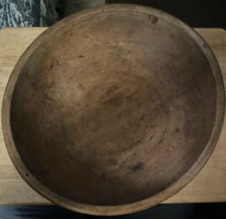 Lg Early Antique Wood Dough Bowl W Rim Patina Surface 15 "