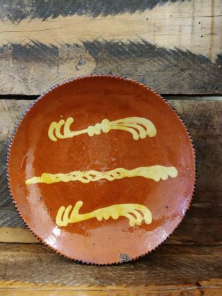 Early Primitive Redware Plate With A Pretty Slipware Design And Great Color.