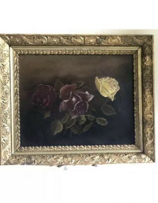 Antique Oil On Artist Board Of Roses Colors Of Yellows,  Reds,  Greens.  Gilt Frame