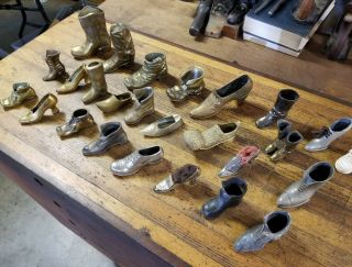 Antique Brass Bronze Cast Pewter Shoes Boots Clogs Vintage Victorian Footware ☆