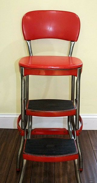 True Vintage Cosco Red Kitchen Step Stool Chair,  Retro,  Counter,  Sliding Steps