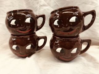 Vintage Smiling Face Americana Coffee Mug Cup Brown Ceramic Set Of 4 Usa