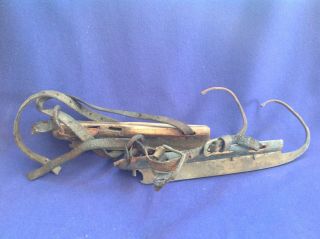 Rare Antique Early 19th Century Wrought Iron & Wood Ice Skates With Large Curls