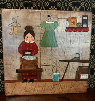 Vintage Primitive Folk Art Painting Wood Board Laundry Day Wash Woman