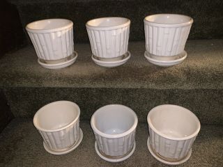 6 Vintage Mccoy Flower Pots Bamboo Cream 4.  5” And 4.  5 W/ Saucers Mcm