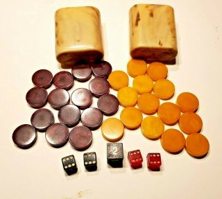 Vintage Bakelite Crisloid Backgammon Checkers Cardinal Swirled Red & Yellow 1.  5 "